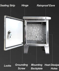 Stainless Steel Electrical Enclosure 304 Weatherproof Outdoor Junction Box With Support Legs, Waterproof Metal Electrical Cabinet For Outdoor Use, IP31 Rated, Corrosion Resistant 80x100x20 cm open door view with seal and rainproof eave