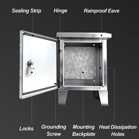 Stainless Steel Electrical Enclosure 304 Weatherproof Outdoor Junction Box With Support Legs, Waterproof Metal Electrical Cabinet For Outdoor Use, IP31 Rated, Corrosion Resistant 80x100x20 cm open door view with seal and rainproof eave