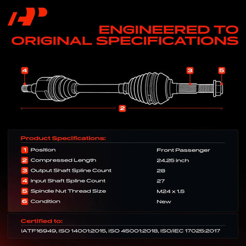 Diagram of Front Right Passenger Side CV Axle Shaft Assembly For Honda Accord 2003 To 2007 V6 3.0L CR-V 2002 To 2006 2.4L And Acura TL 2004 To 2006 3.2L Plug And Play Direct Fit Replacement with specifications.