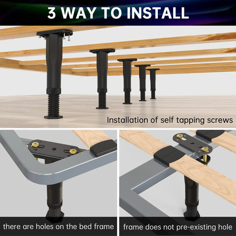 Installation view of Game Changer Adjustable Center Support Legs For Bed Frames And Furniture Risers, showcasing adjustable height settings.