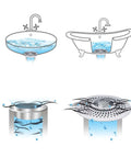 Illustration showing Detachable Drain Hair Catcher And Shower Strainer for bathtub and sink, highlighting water flow and hair blocking features.
