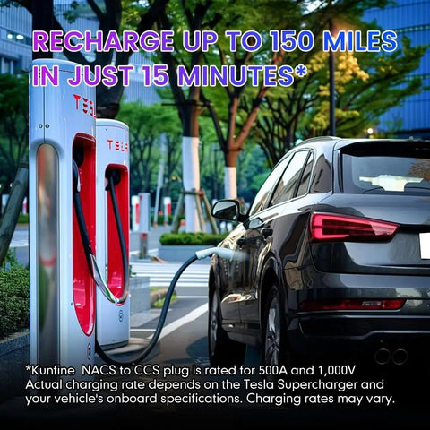 Heavy Duty NACS To CCS1 EV Charging Adapter connected to a vehicle at a Tesla charging station for fast power.