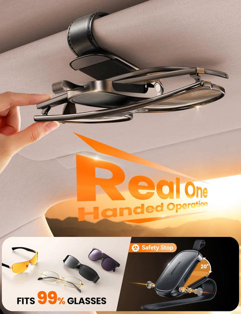 Magnetic Premium Leather Sunglass Holder For Car Visor With Quick Snap Tether One Hand Eye Glasses Drop Organizer mounted on visor.