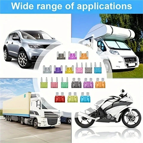 No Brainer All In One Car Fuse Kit 273 Piece Set images of cars, RVs, trucks, motorcycles with various blade and mini fuses