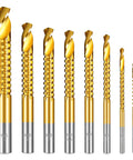 8 Pack Titanium Coated HSS Twist Drill Bits Set With Hex Shank Serrated Side Cutting For Wood Metal And Plastic, Sizes 3mm To 10mm