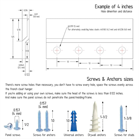 Diagram showing screw placement and sizes for 18 Inch Z Bar Hanger Kit For Pictures, Mirrors, Frames, And Cabinets, includes 4 types of screws