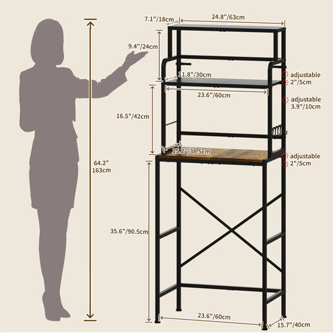 Three Tier Mini Fridge Stand With Heavy Duty Wood And Metal Platforms For Kitchen Dorm Organization dimensions and adjustable features.