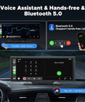 Wireless CarPlay And Android Auto Portable Car Stereo For Your Ride with voice assistant and Bluetooth 5.0 features displayed