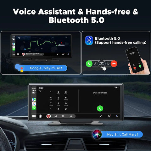 Wireless CarPlay And Android Auto Portable Car Stereo For Your Ride with voice assistant and Bluetooth 5.0 features displayed