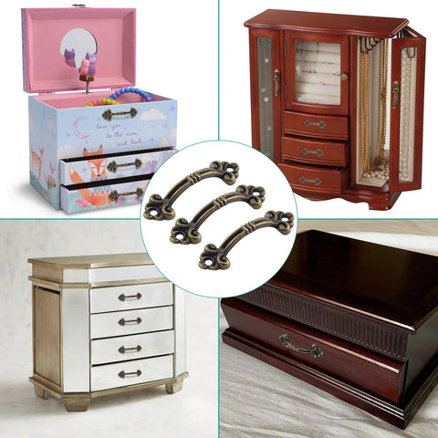 Collage of vintage mini drawer pulls with jewel boxes and furniture, 20 pack bronze zinc alloy antique style handles, 39mm hole spacing.