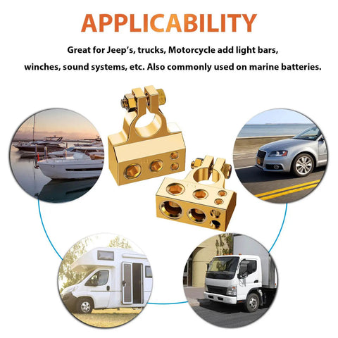 Beefed-Up Heavy Duty Battery Terminal Connectors for car marine truck motorcycle applications with clear covers and shims.