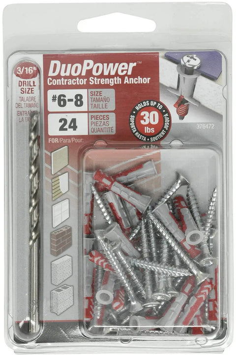 Universal Dual Action Nylon Wall Anchors For Drywall And Solid Surfaces Fits Four To Six Screw Sizes One Inch Long in packaging