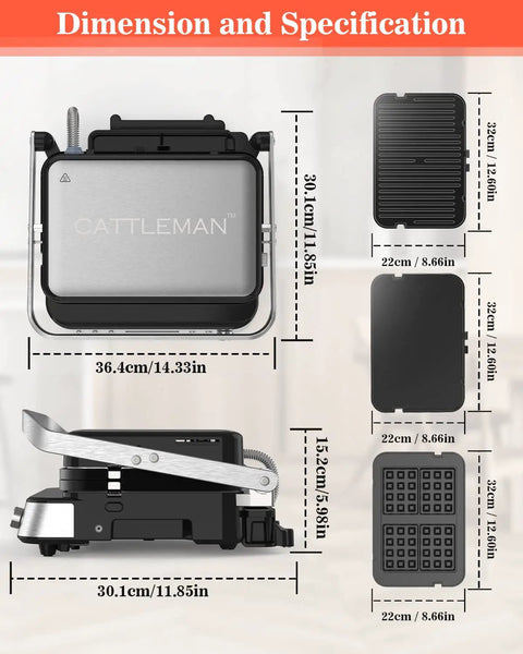 Cattleman 1600W Panini Press Grill And Sandwich Maker With Removable Plates dimensions and specifications chart
