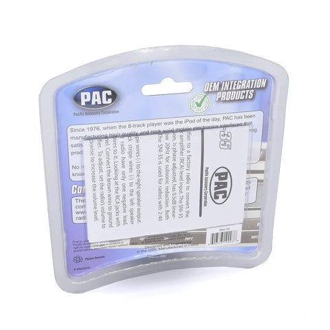 Back view of SNI-35 Variable LOC Line Out Converter For Car Audio Install packaging with detailed product info