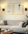 Cozy Plug In Wall Lamp With Dimmer And USB Port mounted above modern sofa, rustic contemporary wall sconce design, warm lighting
