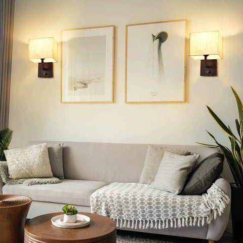 Cozy Plug In Wall Lamp With Dimmer And USB Port mounted above modern sofa, rustic contemporary wall sconce design, warm lighting