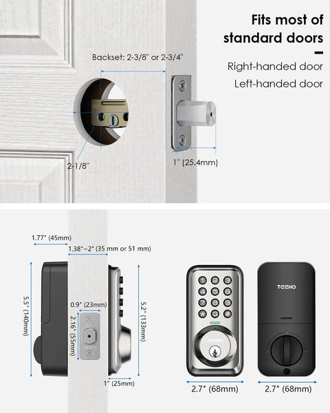 Keypad Door Lock With 20 Access Codes And One Time Use Code for easy installation on standard doors, showing dimensions
