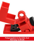 Side view of red polypropylene 12 Pack Clamp On Circuit Breaker Lockout Device For 120 277 Volt Electrical Single Pole Breakers Lockout Tagout Kit With 16 mm Handle Hole OSHA Compliant