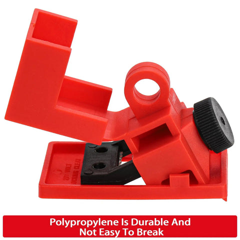 Side view of red polypropylene 12 Pack Clamp On Circuit Breaker Lockout Device For 120 277 Volt Electrical Single Pole Breakers Lockout Tagout Kit With 16 mm Handle Hole OSHA Compliant