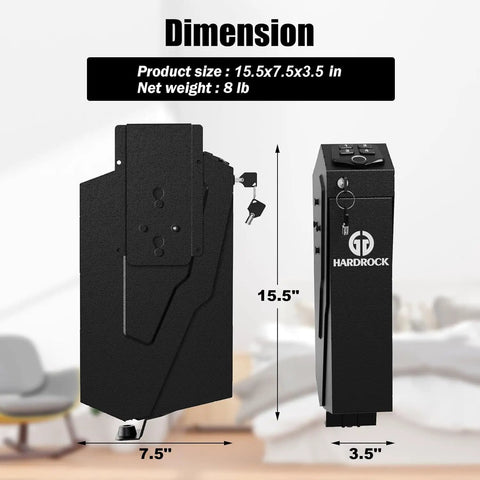 Dimensions of Heavy Duty Biometric Pistol Safe Featuring Quick Grab Drop Down Access, measuring 15.5x7.5x3.5 inches.