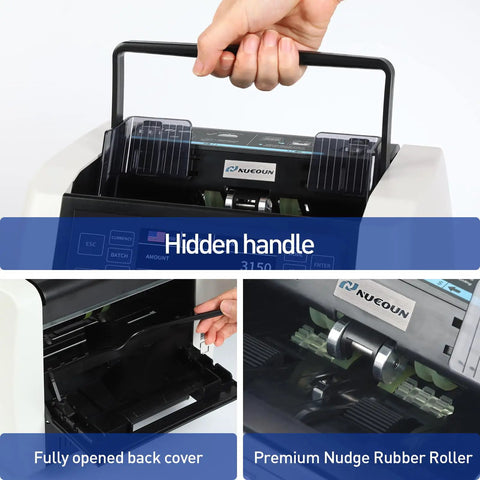 Premium Money Counter Machine For Mixed Denomination Bills, Multi Currency Support For Usd Euro Cad MxN With Advanced CishuvirMGmt Security Detection showing hidden handle and fully opened back cover.