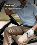 Man wearing Men's Stretch Braided Elastic Woven Belt One And Three Eighths Inches Wide For Golf, sitting in a golf cart.