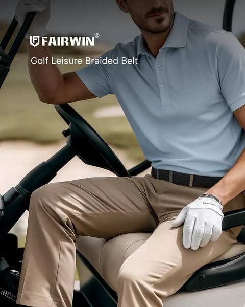 Man wearing Men's Stretch Braided Elastic Woven Belt One And Three Eighths Inches Wide For Golf, sitting in a golf cart.