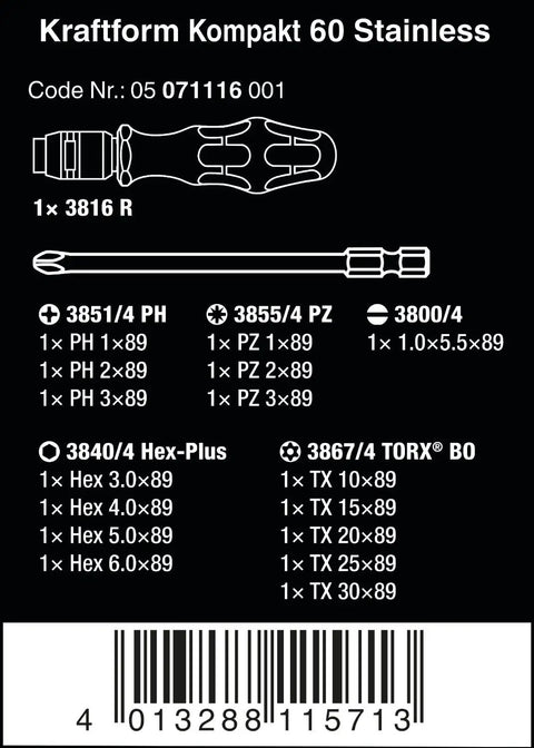 Diagram of Kraftform Kompakt 60 Stainless 17 Piece Screwdriver Set with Interchangeable Blades, product code details visible.