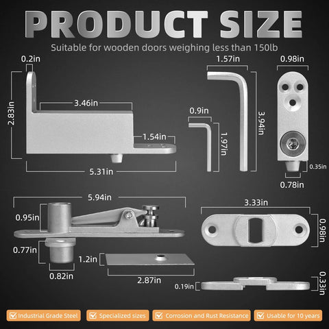 Self Closing Pivot Door Hinge Heavy Duty Hidden Hinge For Commercial And Home Use Opens Inward And Outward For Wooden Secret Door Built Tough Industrial Grade Quality Holds Open At Ninety Degrees And Auto Closes A 150 Pound Door product measurements and parts displayed.