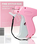 Pink handheld stitch gun for clothes with replacement needles and fasteners, ideal for denim, wool, linen, polyester, and quilts.