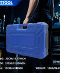 Person holding blue plastic carrying case of 35Pcs Bushing Press Kit For Hydraulic Shop Press Pro Grade Universal Seals Bearings Removal
