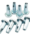 Eight Piece Swivel Caster Sleeve Sockets Set For Metal Stem Casters With Grip Ring Replacement Sockets For Chair Legs And Wooden Furniture Durable Iron Construction With Wear And Rust Resistance Fits Three Eighth Inch Shaft Thirty One Point Seven Five. Close-up of iron sockets with grip rings visible.