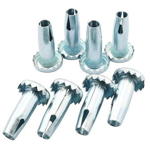 Eight Piece Swivel Caster Sleeve Sockets Set For Metal Stem Casters With Grip Ring Replacement Sockets For Chair Legs And Wooden Furniture Durable Iron Construction With Wear And Rust Resistance Fits Three Eighth Inch Shaft Thirty One Point Seven Five. Close-up of iron sockets with grip rings visible.