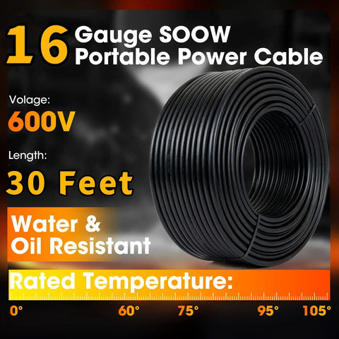 Heavy Duty 30 Ft 16 AWG SOOW Cable With Hella Flexible Conductors Built Tough For Jobsite Readiness Offers Slick Weatherproof Shell.