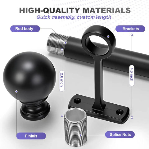 Components of One Inch Adjustable Heavy Duty Curtain Rod With Extra Long Range From 30 To 240 Inches Matte Black Finish