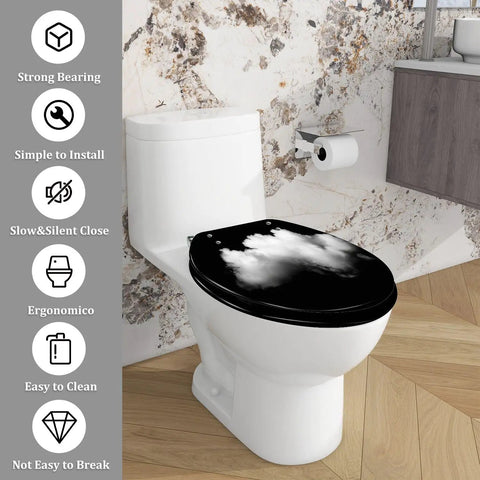 Elongated Toilet Seat Black Resin Bathroom on a toilet with a cloud design, 14.5" x 18.5", easy to install, ergonomic.