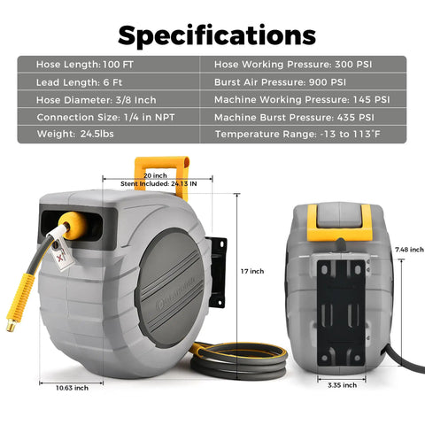 Specifications of Rugged Retractable Air Hose Reel Three Eighths Inch By One Hundred Feet Hybrid Hose For Air Compressors