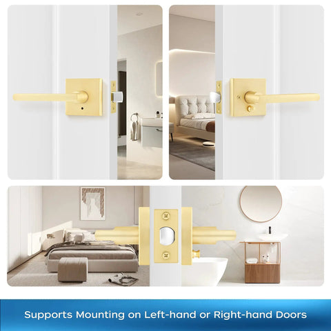 Gold Finished Heavy Duty Interior Door Handle Set With No Fuss Privacy Lever For Bedroom And Bathroom, shown on left-hand and right-hand doors