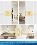 Three Pack Gold Door Levers Set Heavy Duty Keyless Privacy Lock Reversible Square Door Knobs for bedroom and bathroom doors installation