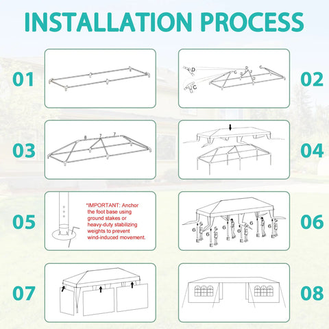 Installation process for 10x30 Ft White Canopy Tent With 8 Removable Sidewalls And Windows Waterproof Outdoor Gazebo.