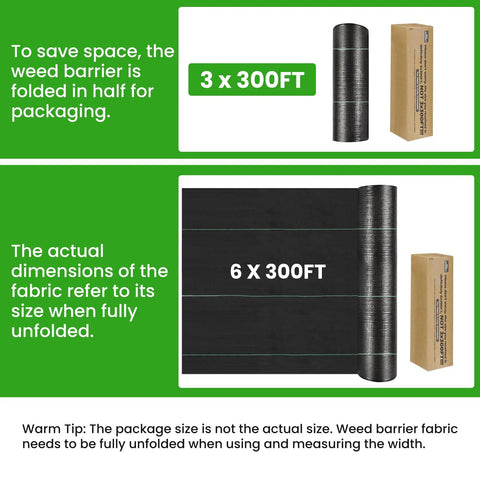 Heavy Duty Weed Barrier Fabric 6x300ft Landscape Material 3.2oz Woven Geotextile packaging and unfolding size illustration