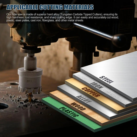 Heavy Duty Tungsten Carbide Hole Saw Kit 18 Piece Set For Metal Stainless Steel Wood Iron Plastic cutting through materials