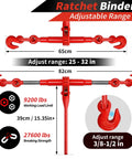 Diagram of Heavy Duty 3/8 To 1/2 Inch Chain Binder Kit detailing the adjustable range, 9200 lbs WLL, 27600 lbs strength, red hooks.