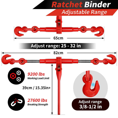 Diagram of Heavy Duty 3/8 To 1/2 Inch Chain Binder Kit detailing the adjustable range, 9200 lbs WLL, 27600 lbs strength, red hooks.