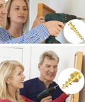 Couples using drill to install frames with Heavy Duty Hanging Screws For Picture Hangers 4 In 1 D Rings Sawtooth Wire And Keyhole Mounts Gold Finish 25 Pack Holds Up To 30 Lbs In Drywall And 100 Lbs In Wood Studs
