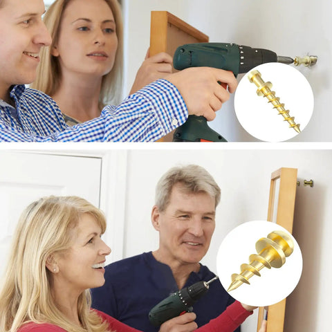 Couples using drill to install frames with Heavy Duty Hanging Screws For Picture Hangers 4 In 1 D Rings Sawtooth Wire And Keyhole Mounts Gold Finish 25 Pack Holds Up To 30 Lbs In Drywall And 100 Lbs In Wood Studs