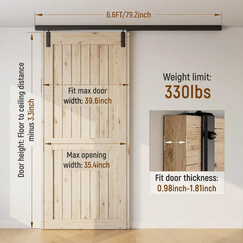 Heavy Duty Ceiling Mount Box Rail Barn Door Hardware Kit 6.6 Feet Aluminum Sliding Track with dimensions and weight limit.