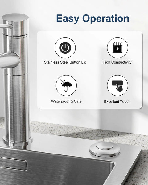 Stainless Steel Brushed Nickel Garbage Disposal Air Switch Kit with Sink Top Button shown on kitchen counter for easy operation.