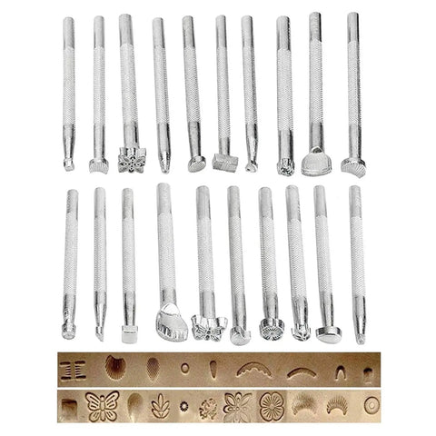 Leather Craft Tools Kit With 20 Leather Stamping Tools, various stamp designs and impressions, ideal for DIY leatherwork.