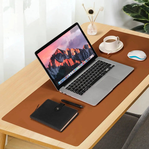 Large Pu Leather Desk Pad Blotter 36x17 Inch Waterproof Non Slip Writing Desktop Protector Mat For Home Office Brown on desk
